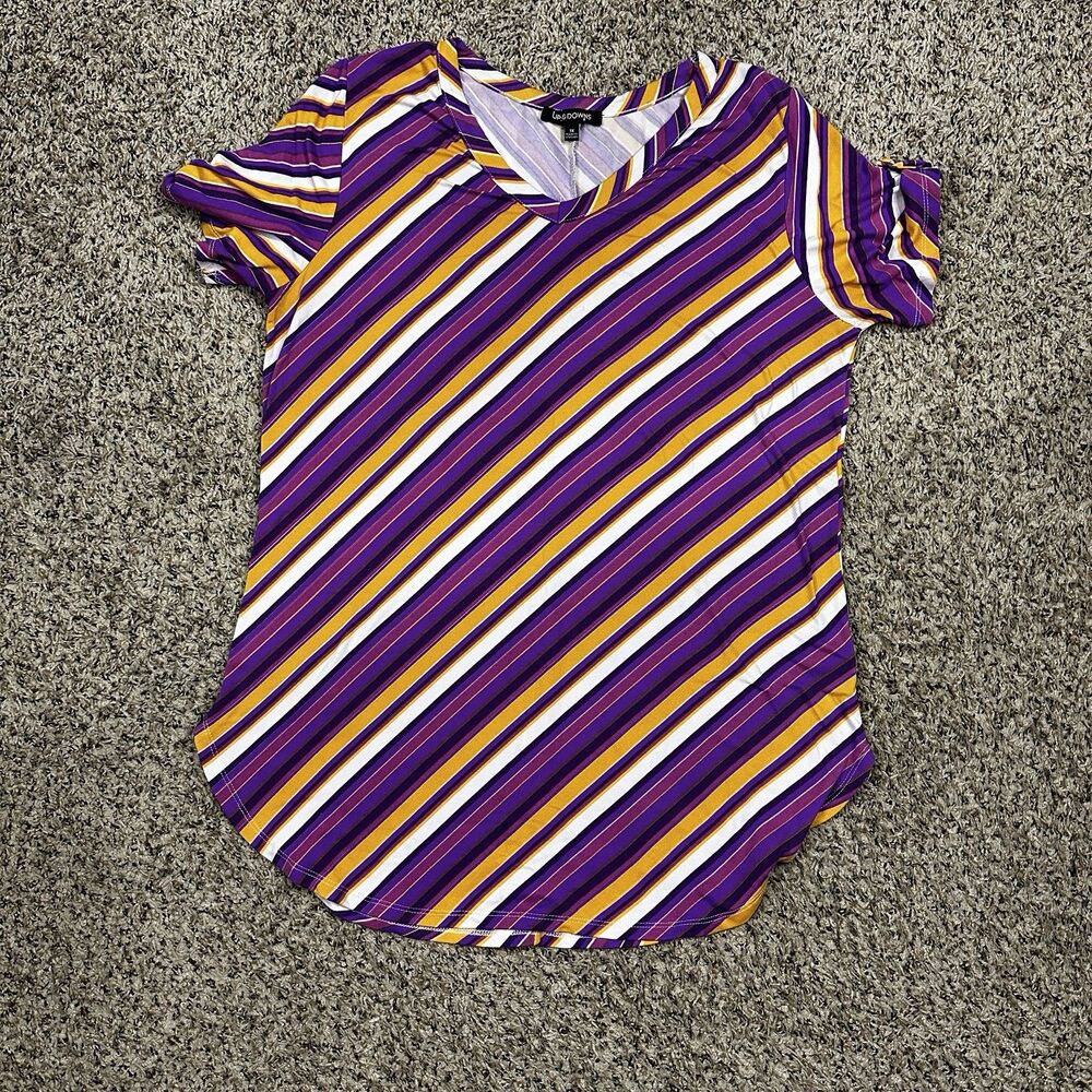 Ups & Downs Women's Sz 1X Short Sleeve V Neck Shirt Purple Gold White Stripes